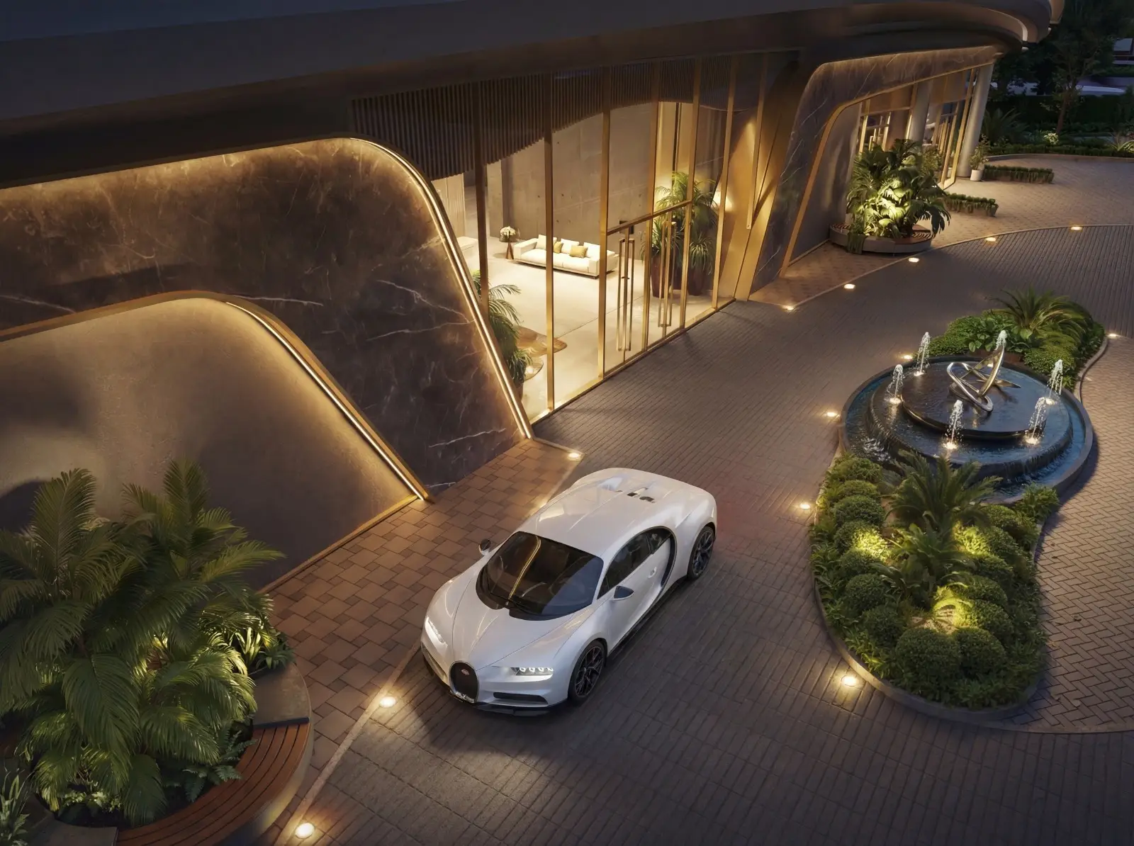 Main entrance and landscaped vehicle drop-off at Cheval Riverside Apartments