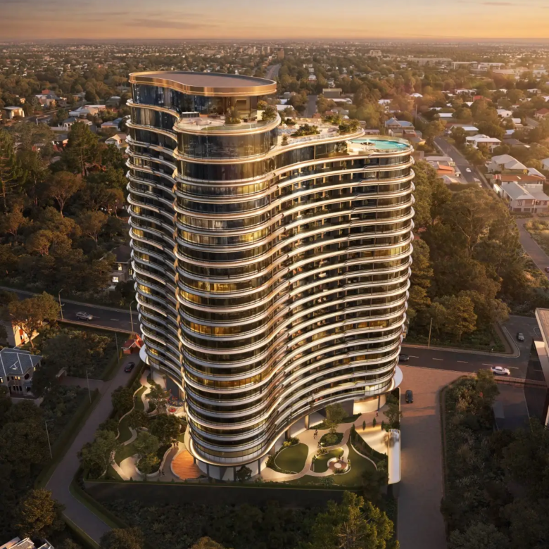 Aerial view of Cheval Riverside Apartments with rooftop swimming pool