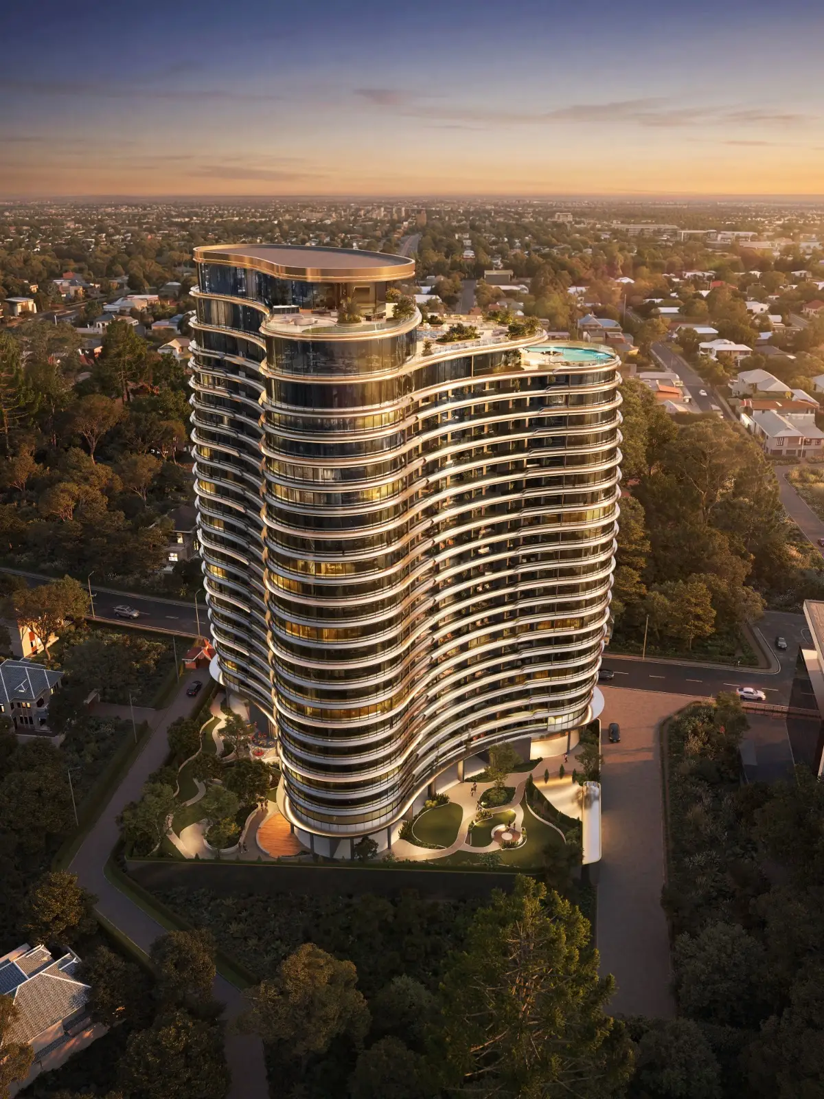 Aerial view of Cheval Riverside Apartments with rooftop swimming pool