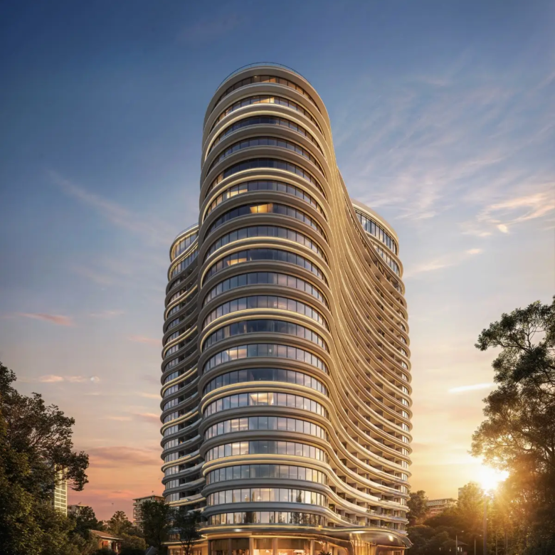 Cheval Riverside Apartments exterior viewed at sunset