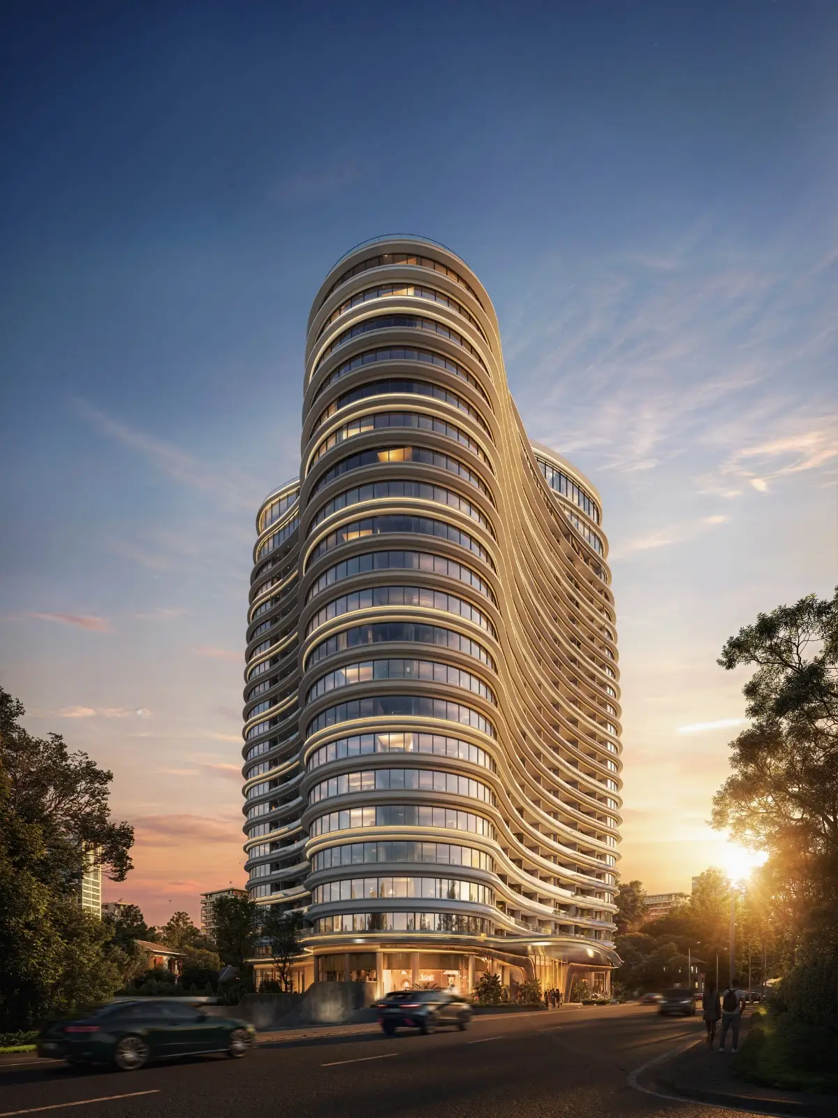 Cheval Riverside Apartments exterior viewed at sunset