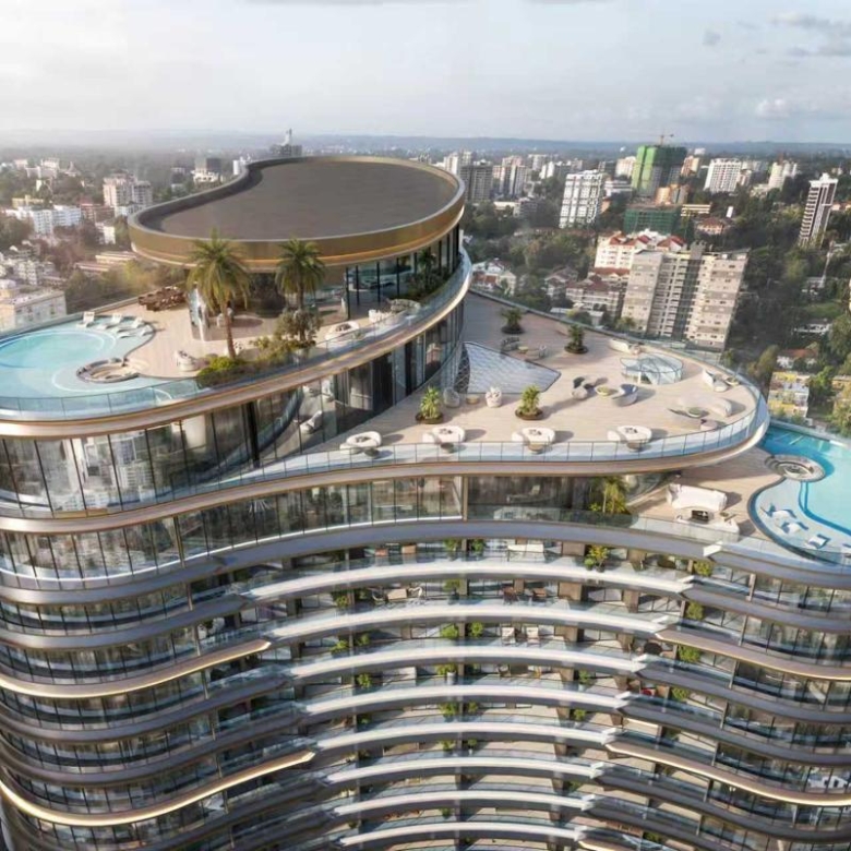 Cheval Riverside rooftop amenities with swimming pools and Nairobi skyline views