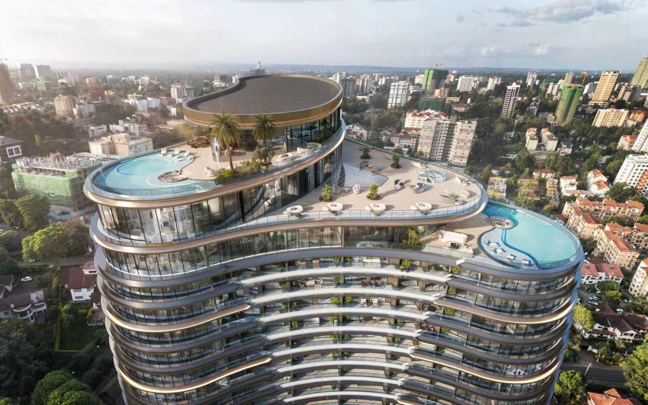 Cheval Riverside rooftop amenities with swimming pools and Nairobi skyline views