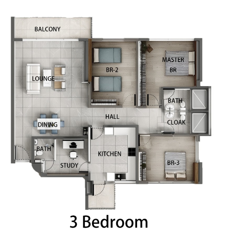 3 bedroom floor plan at Express View Residency apartments in Kilimani