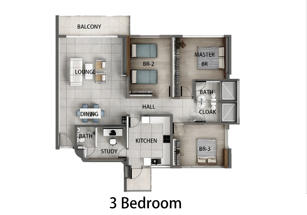 3 bedroom floor plan at Express View Residency apartments in Kilimani