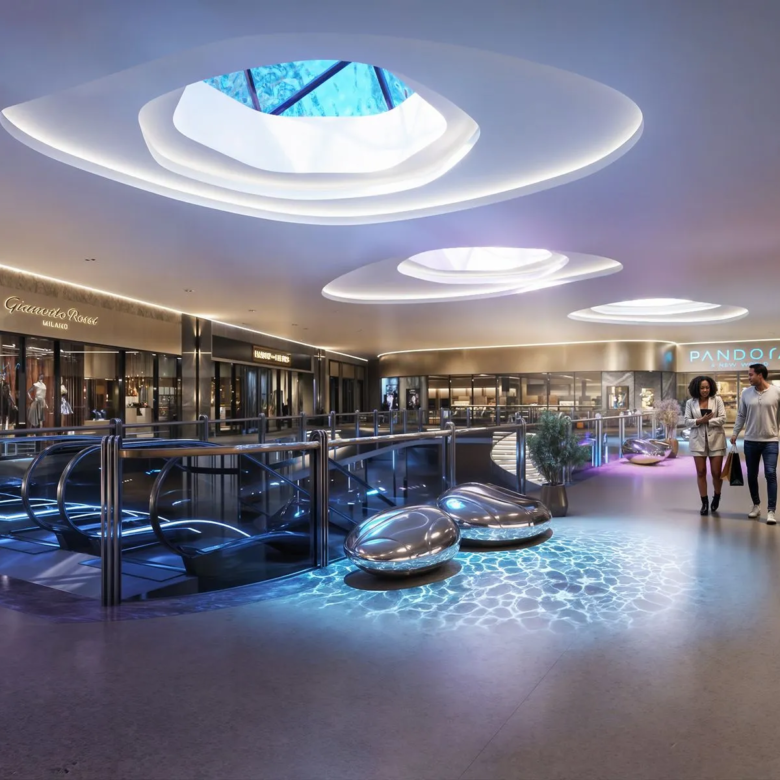 A-One Pandora Muthangari Drive shopping arcade with escalators, retail spaces and modern interior design