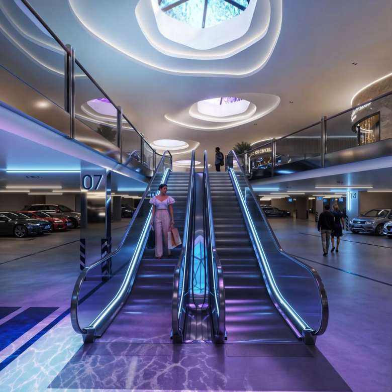 A-One Pandora Westlands basement parking area with escalators and modern lighting