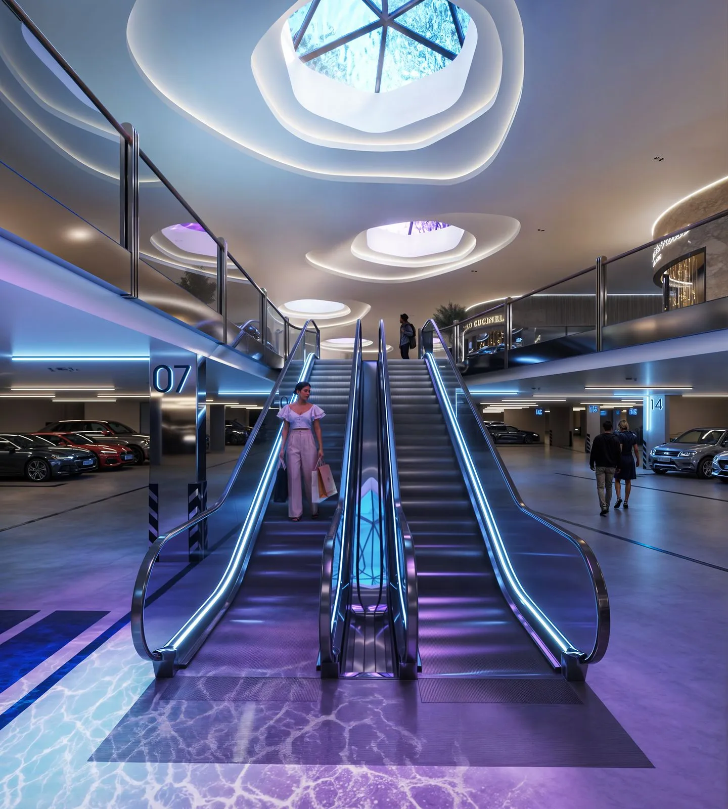 A-One Pandora Westlands basement parking area with escalators and modern lighting