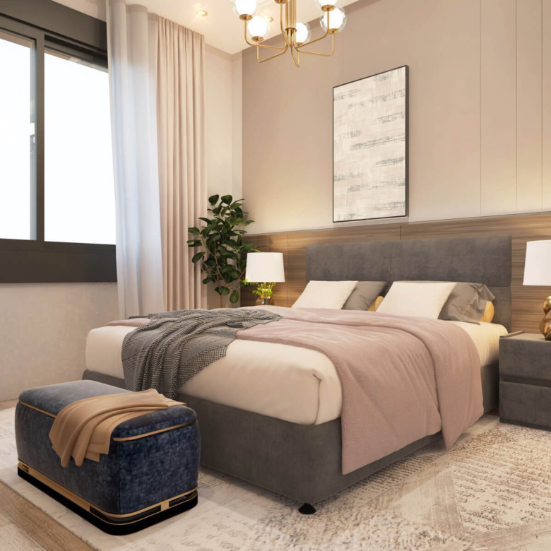 Black Olive Residency modern bedroom with an upholstered bed, bedside lamps, large window, decorative artwork and contemporary finishes.