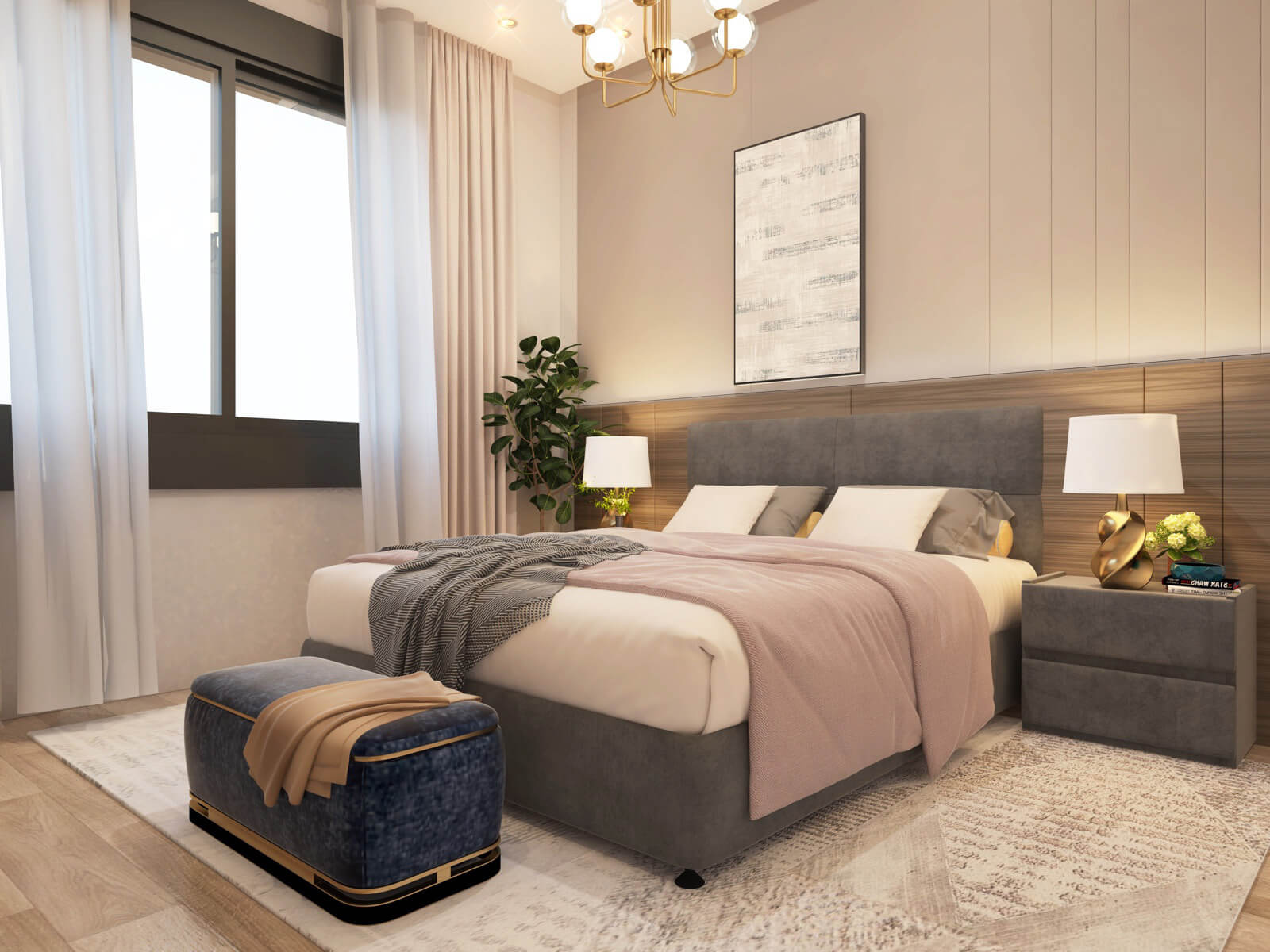 Black Olive Residency modern bedroom with an upholstered bed, bedside lamps, large window, decorative artwork and contemporary finishes.
