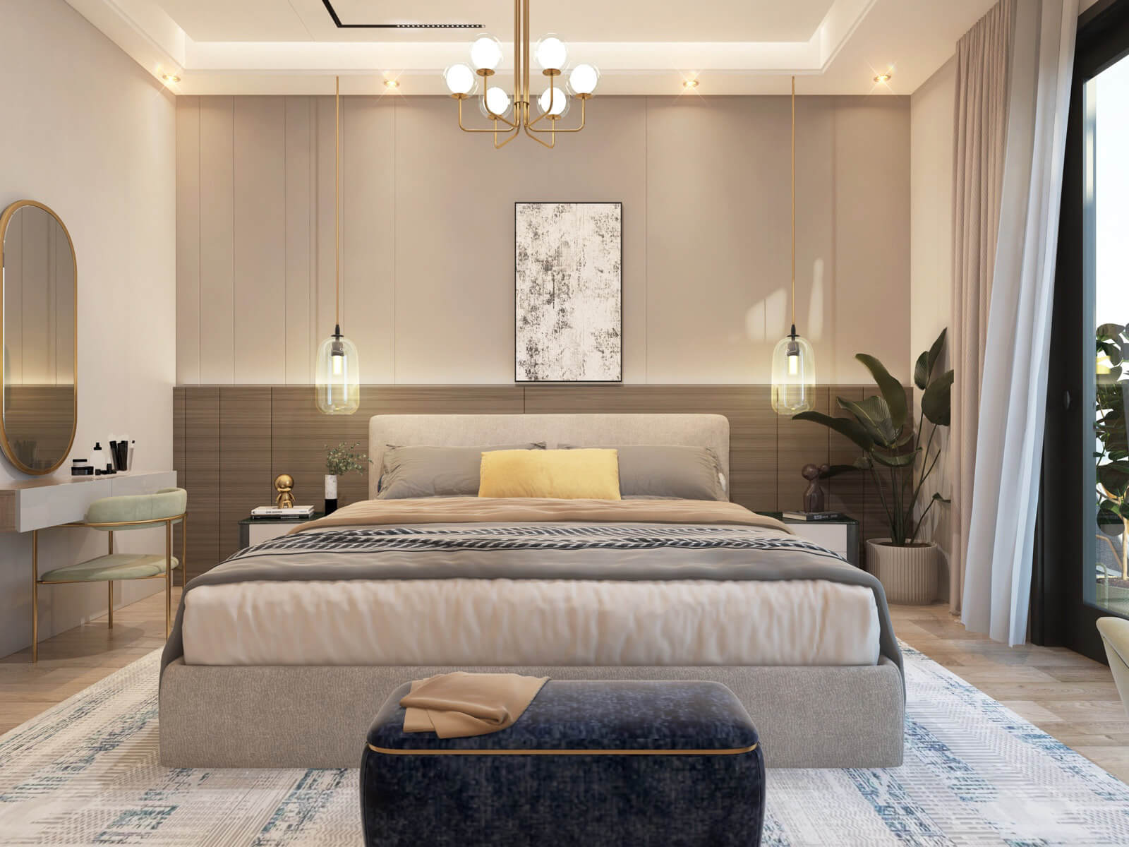 Black Olive Residency luxury master bedroom featuring elegant lighting, modern furnishings, decorative wall panels and a spacious bed.