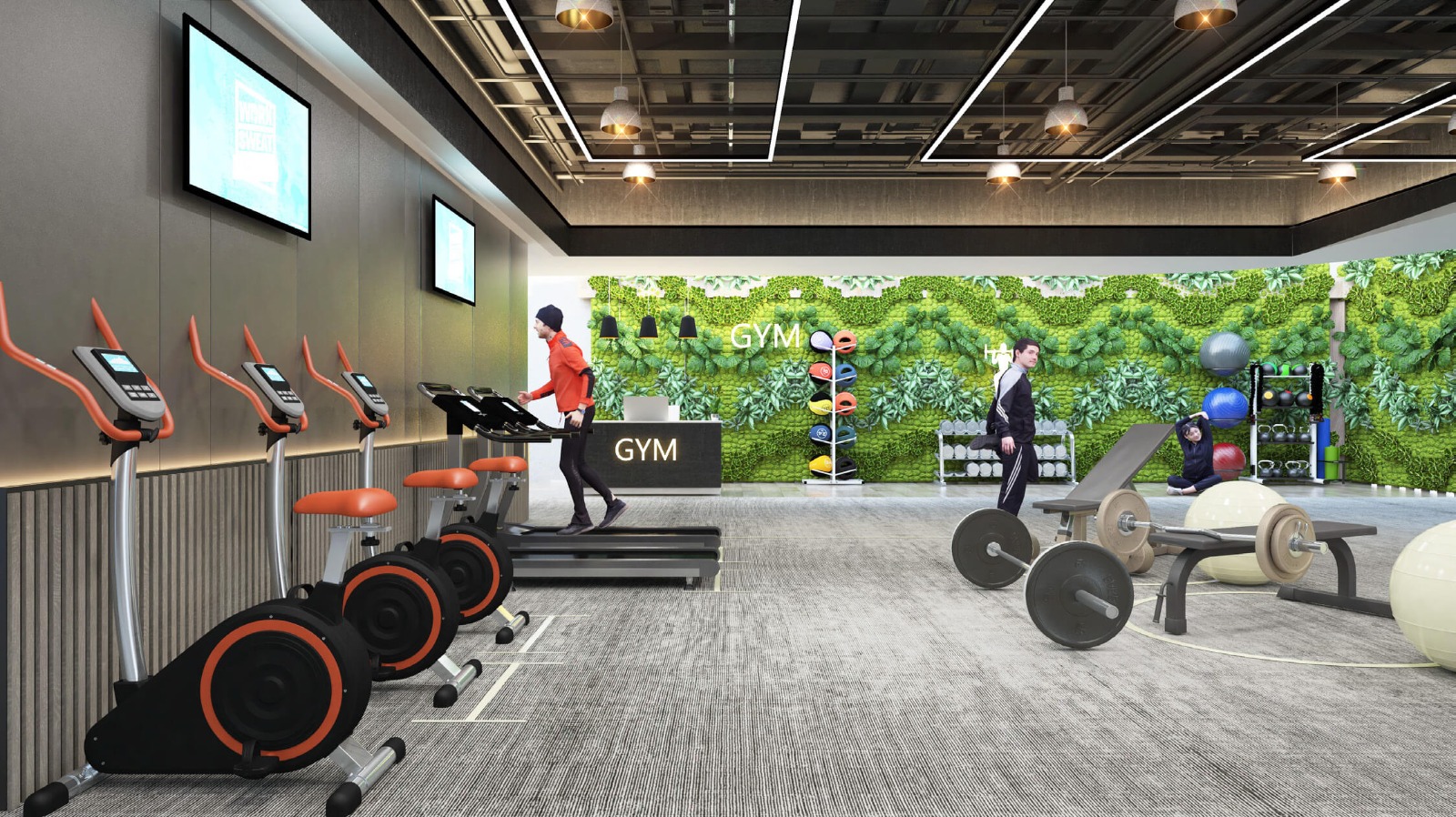 Black Olive Residency fully equipped gym featuring exercise bikes, treadmills, free weights, fitness benches and modern workout facilities.