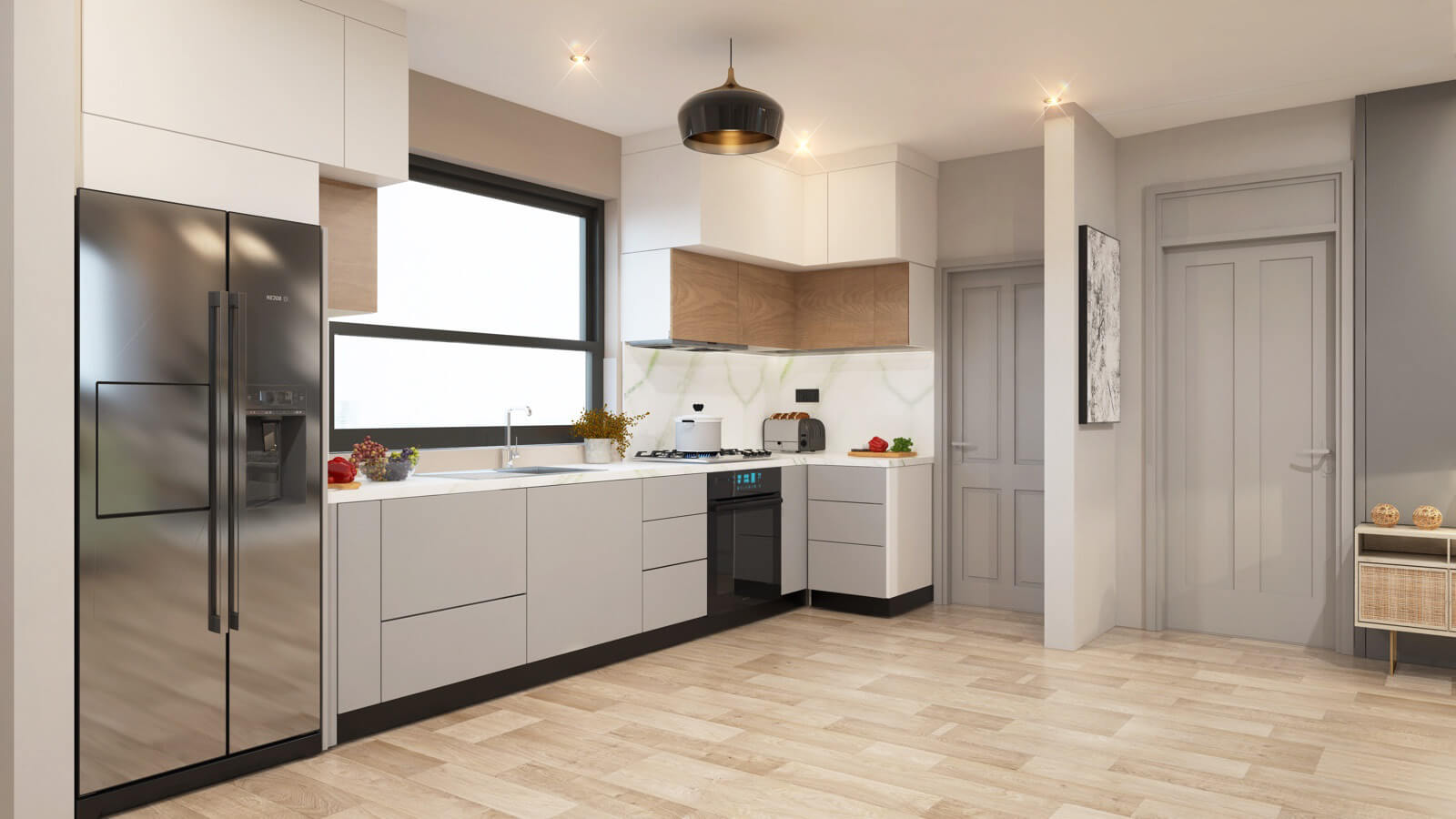 Black Olive Residency spacious modern kitchen featuring fitted cabinets, stainless steel refrigerator, integrated oven and large windows.