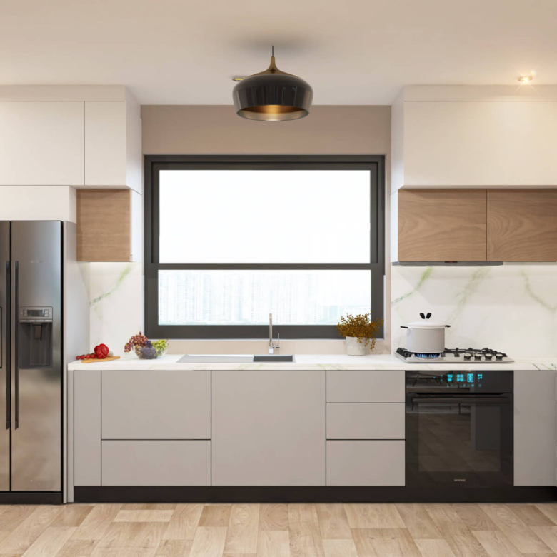 Black Olive Residency modern fitted kitchen with white cabinets, built-in oven, gas hob, double-door refrigerator and spacious countertops.