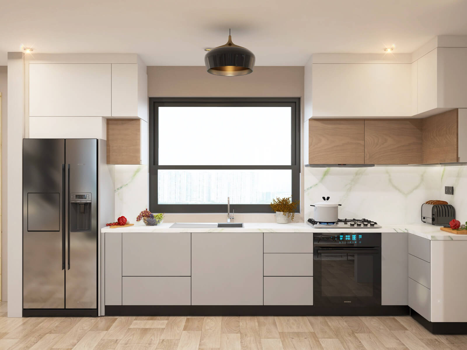 Black Olive Residency modern fitted kitchen with white cabinets, built-in oven, gas hob, double-door refrigerator and spacious countertops.