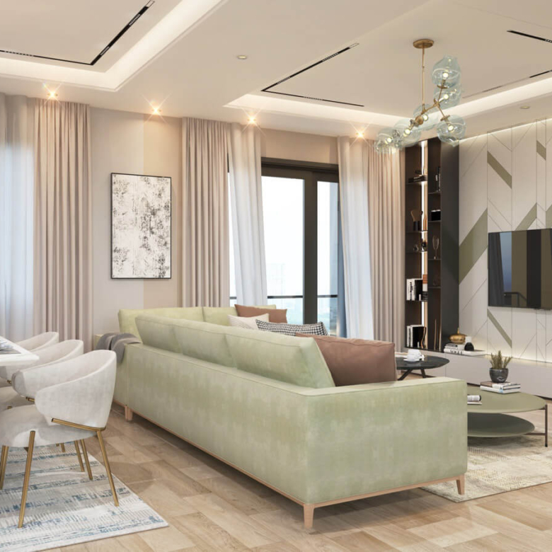 Black Olive Residency spacious open-plan living and dining room featuring elegant sofas, modern chandeliers, dining table and contemporary décor.