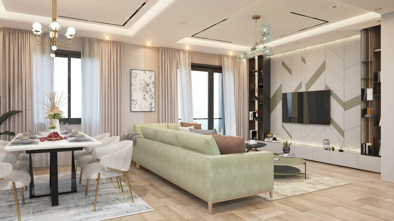 Black Olive Residency spacious open-plan living and dining room featuring elegant sofas, modern chandeliers, dining table and contemporary décor.