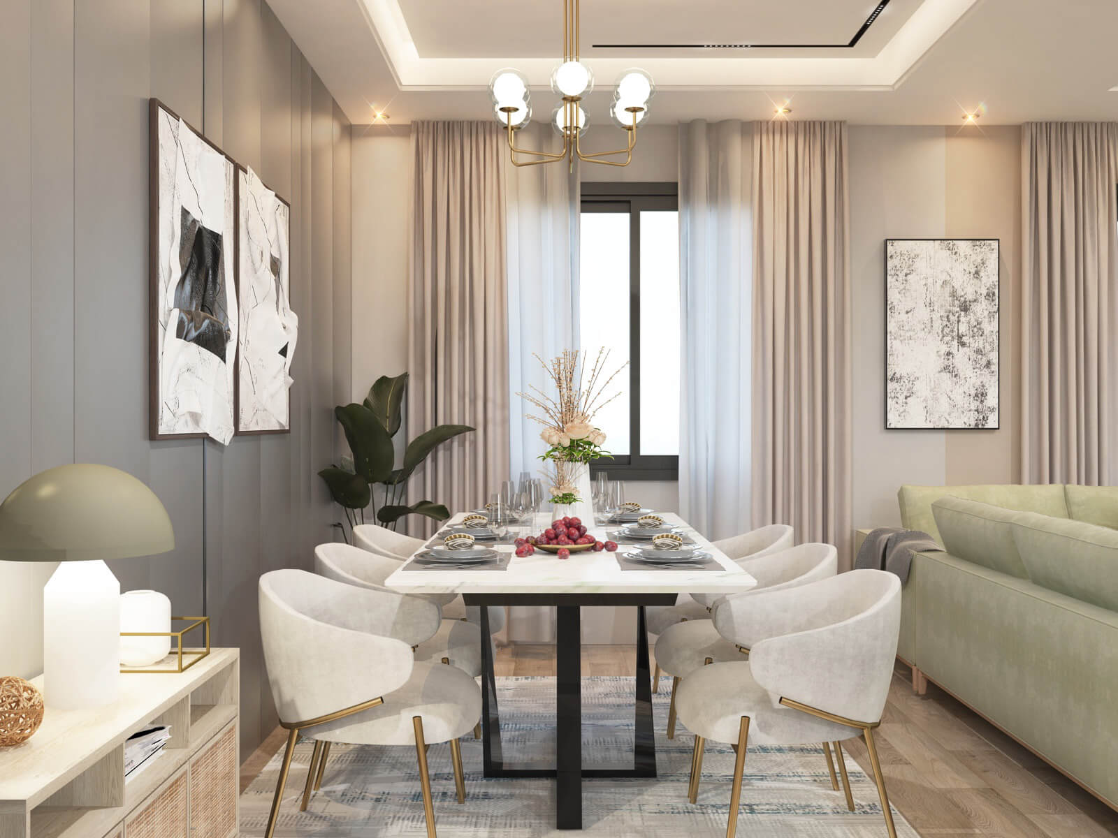 Black Olive Residency contemporary living room featuring green sectional sofa, modern TV wall, decorative chandelier and large windows.