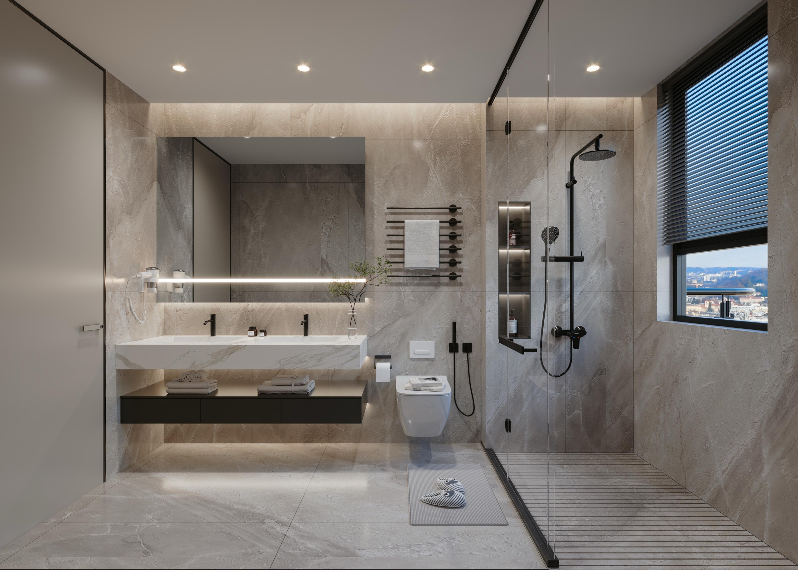 Brookside One Residency luxury bathroom featuring double vanity sinks, glass-enclosed rainfall shower, modern toilet and elegant marble-effect finishes.