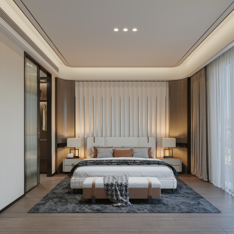 Brookside One Residency spacious master bedroom featuring private balcony, modern fitted wardrobes, upholstered bed and elegant lighting.