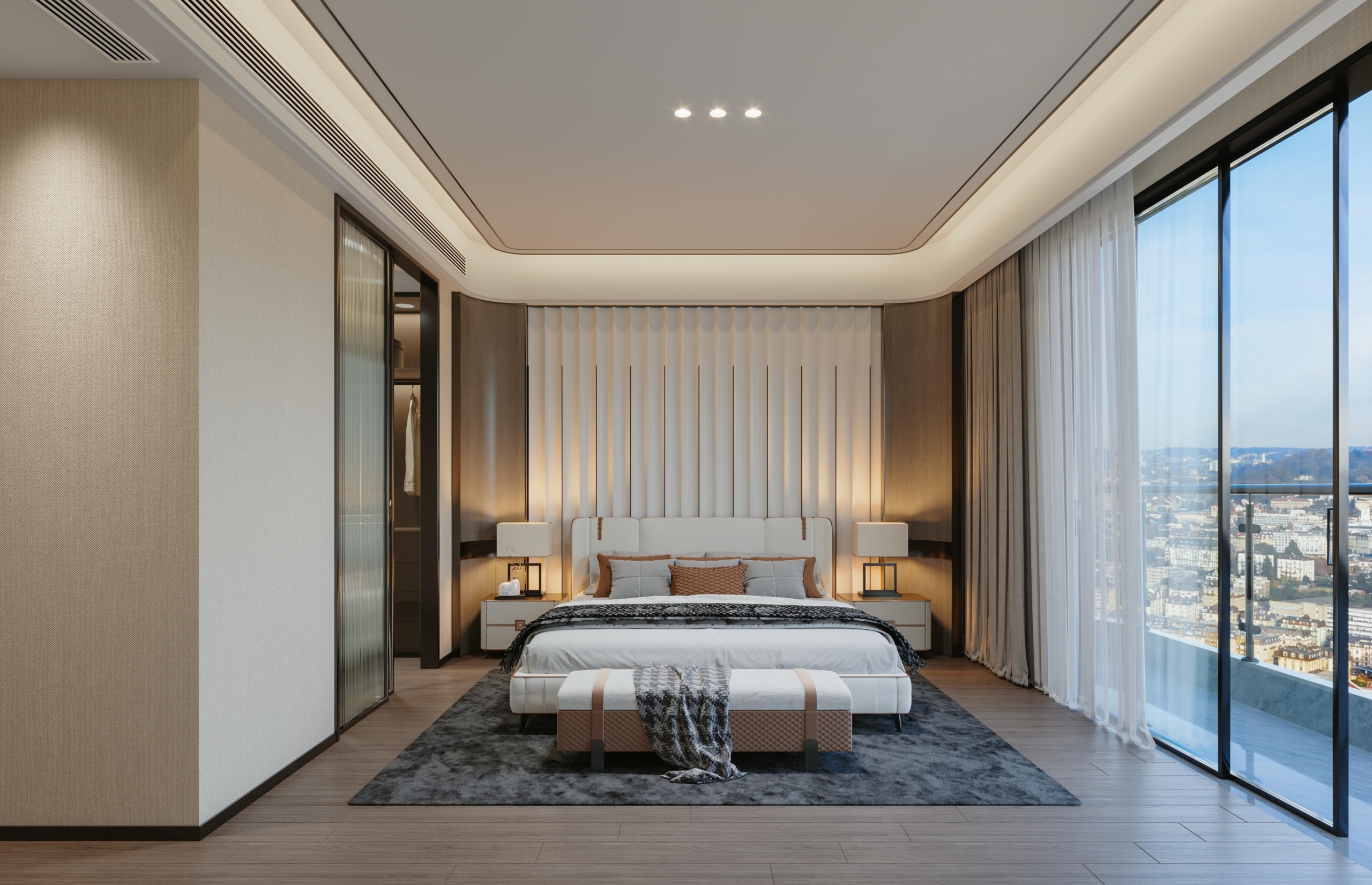 Brookside One Residency spacious master bedroom featuring private balcony, modern fitted wardrobes, upholstered bed and elegant lighting.