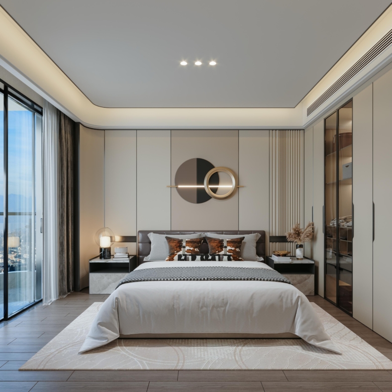 Brookside One Residency modern bedroom with fitted glass wardrobes, upholstered bed, contemporary lighting and large windows in Westlands.