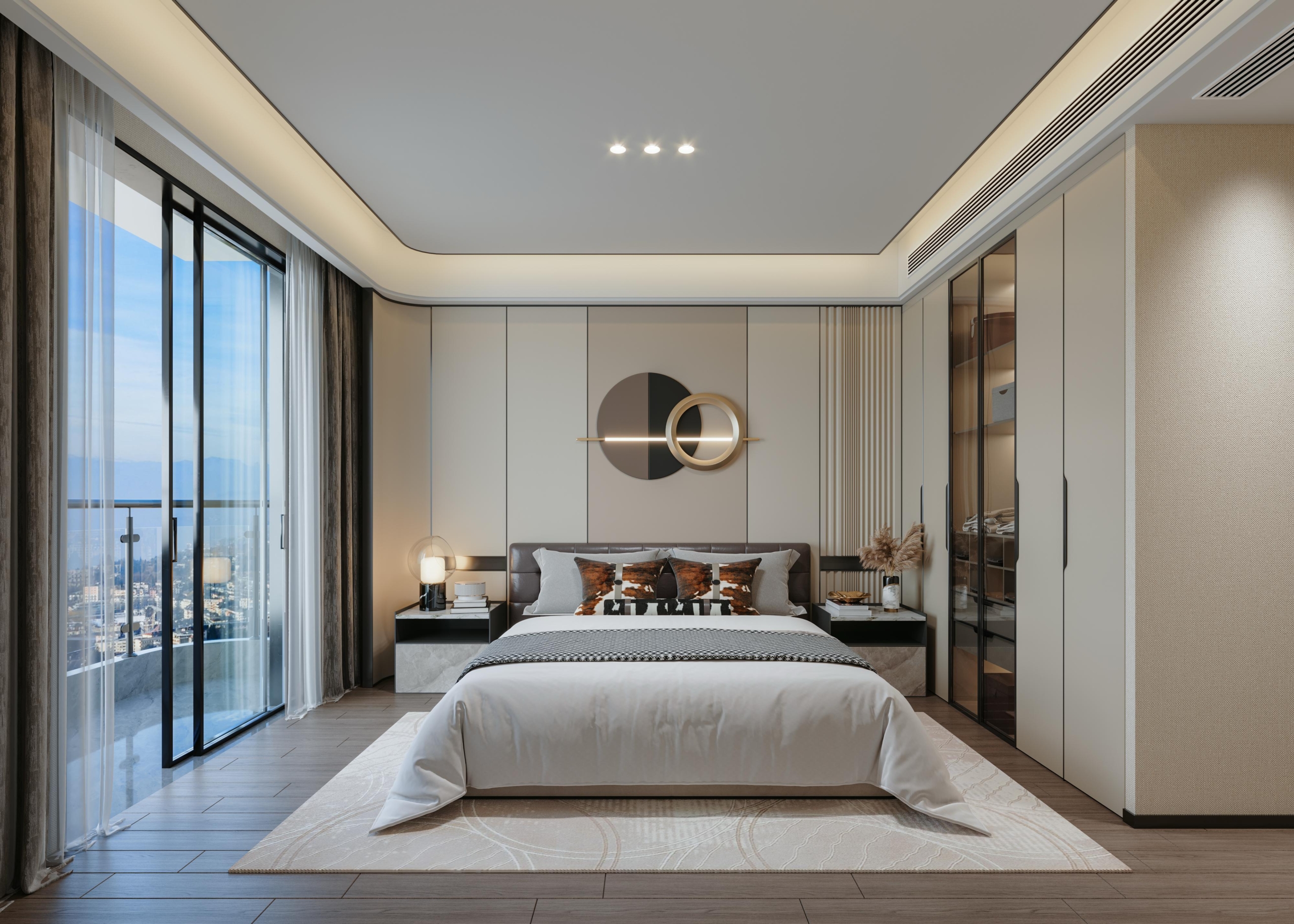 Brookside One Residency modern bedroom with fitted glass wardrobes, upholstered bed, contemporary lighting and large windows in Westlands.