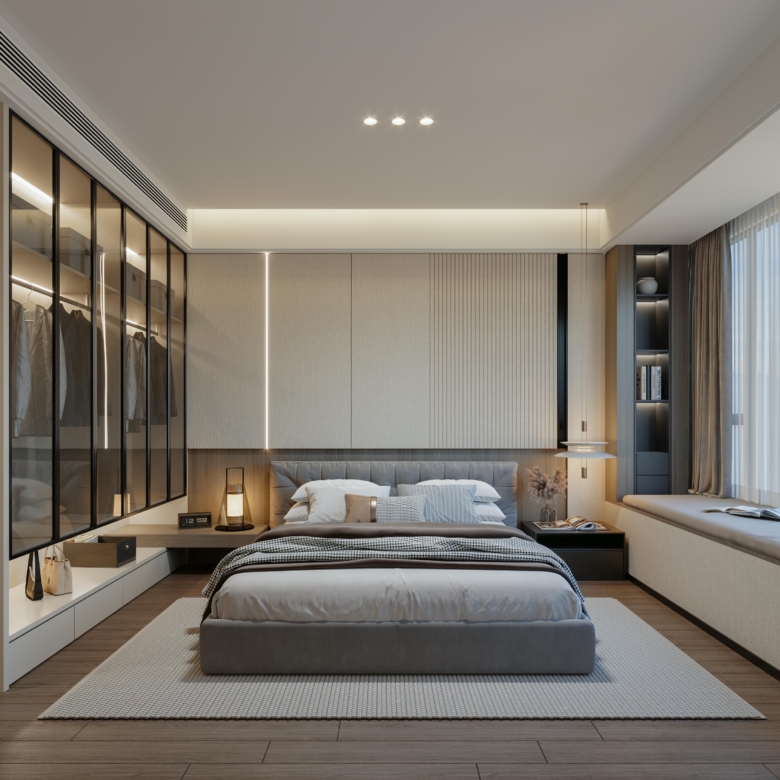 Brookside One Residency modern bedroom with fitted glass wardrobes, upholstered bed, contemporary lighting and large windows in Westlands.