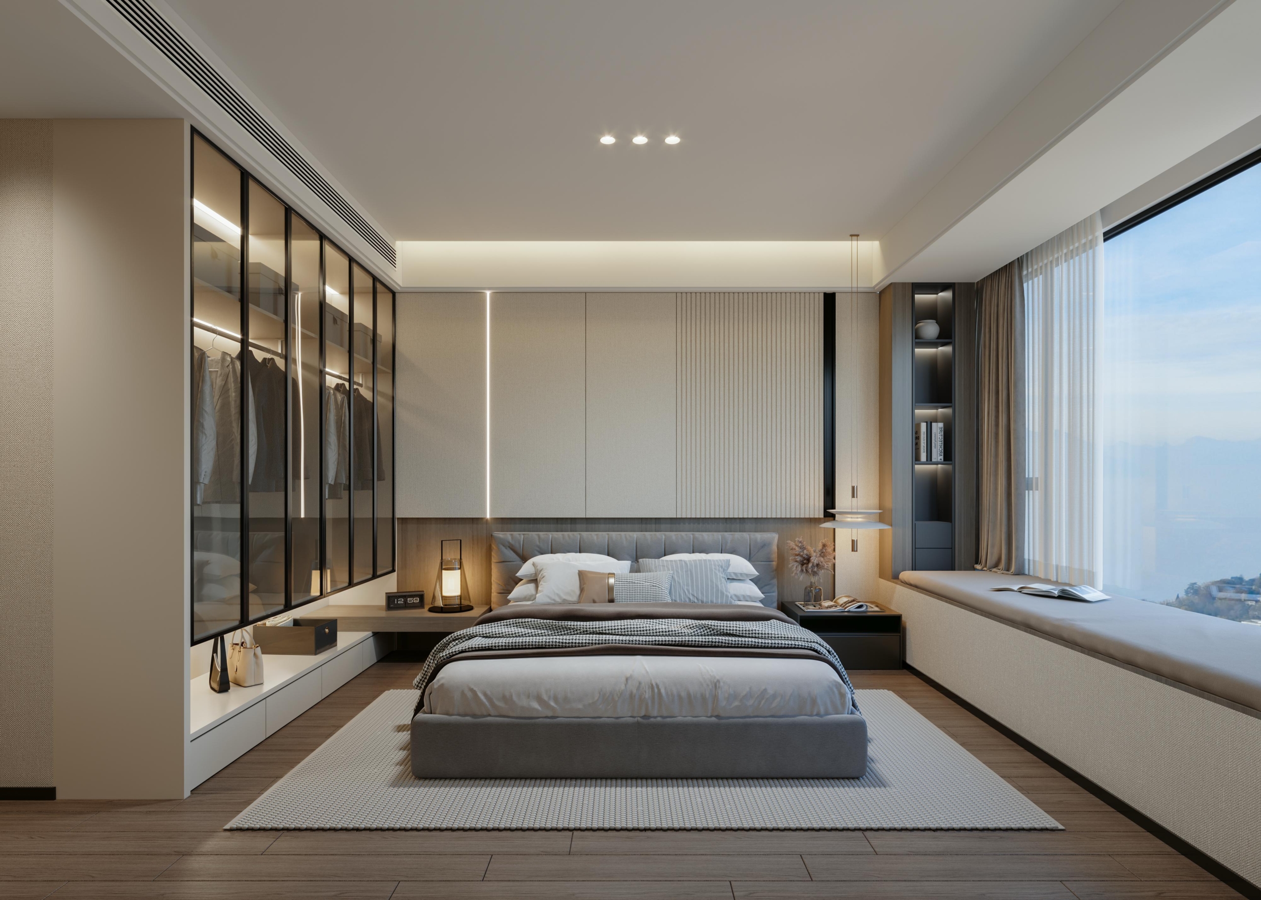 Brookside One Residency modern bedroom with fitted glass wardrobes, upholstered bed, contemporary lighting and large windows in Westlands.