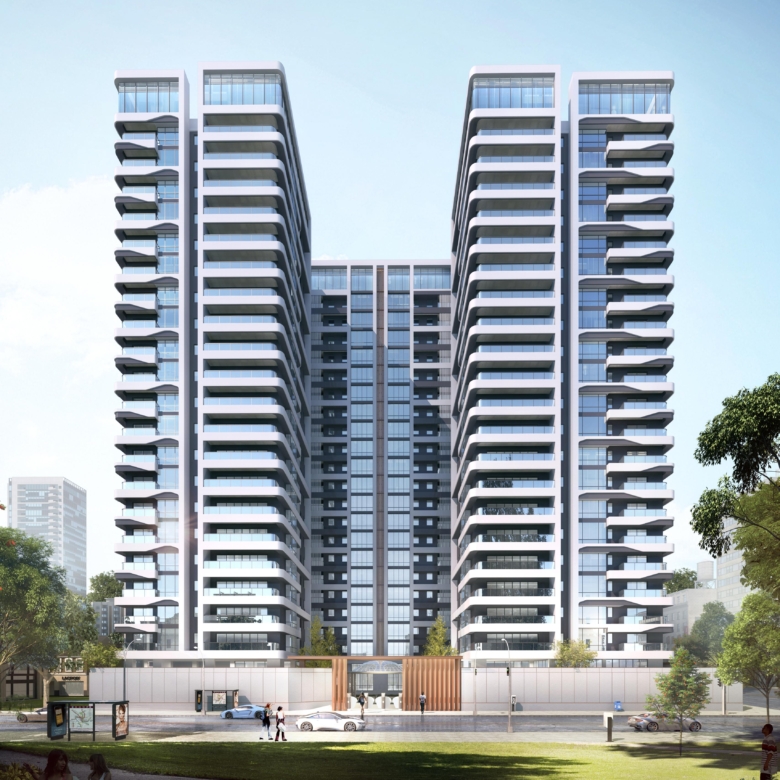 Brookside One Residency modern twin-tower residential development featuring spacious balconies, glass windows and contemporary exterior design.