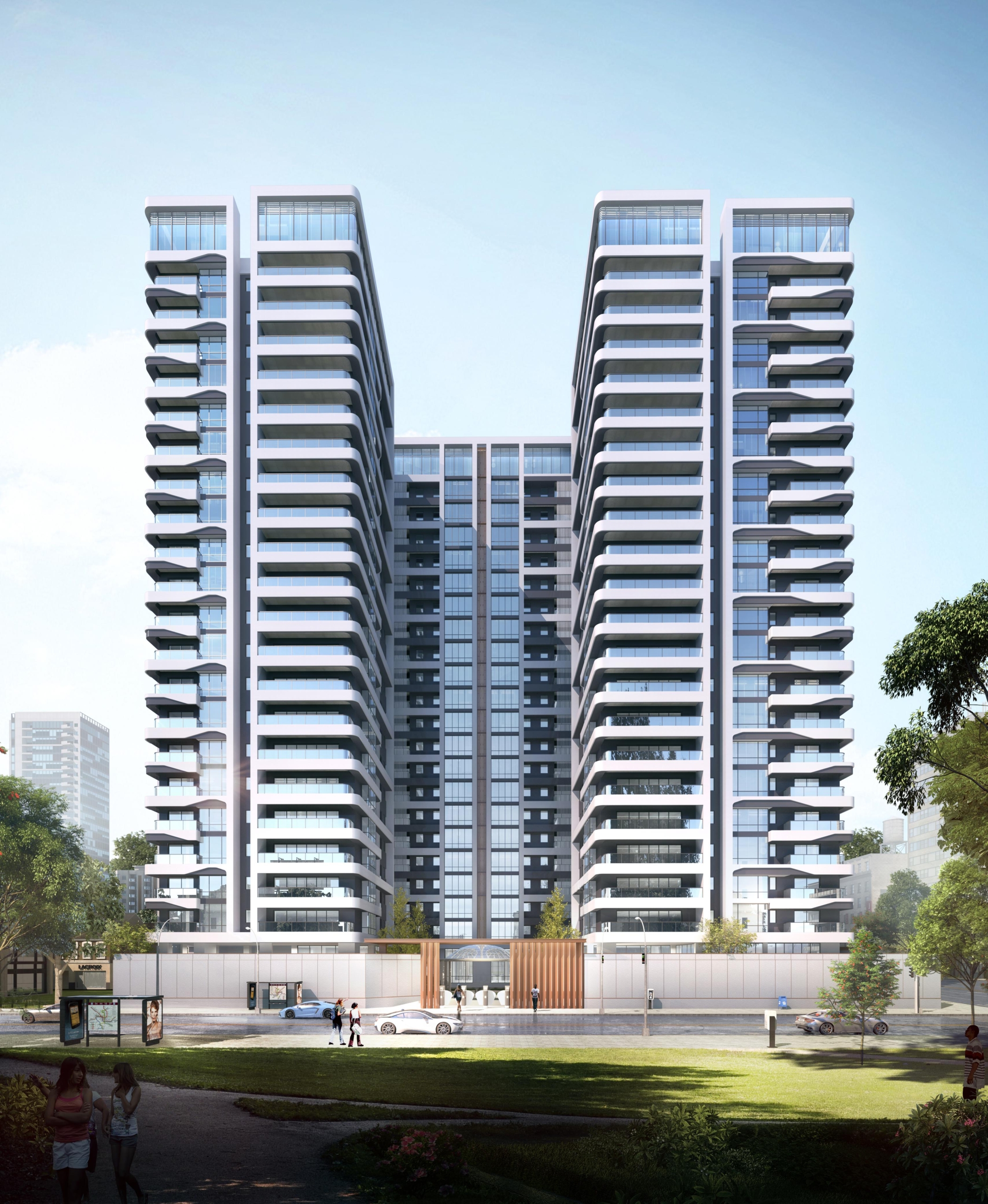 Brookside One Residency modern twin-tower residential development featuring spacious balconies, glass windows and contemporary exterior design.