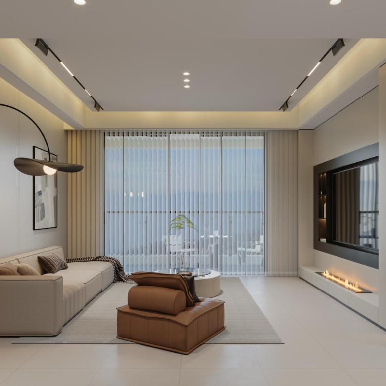 Brookside One Residency modern living room featuring elegant sofa, contemporary entertainment wall, floor-to-ceiling balcony windows and stylish finishes.
