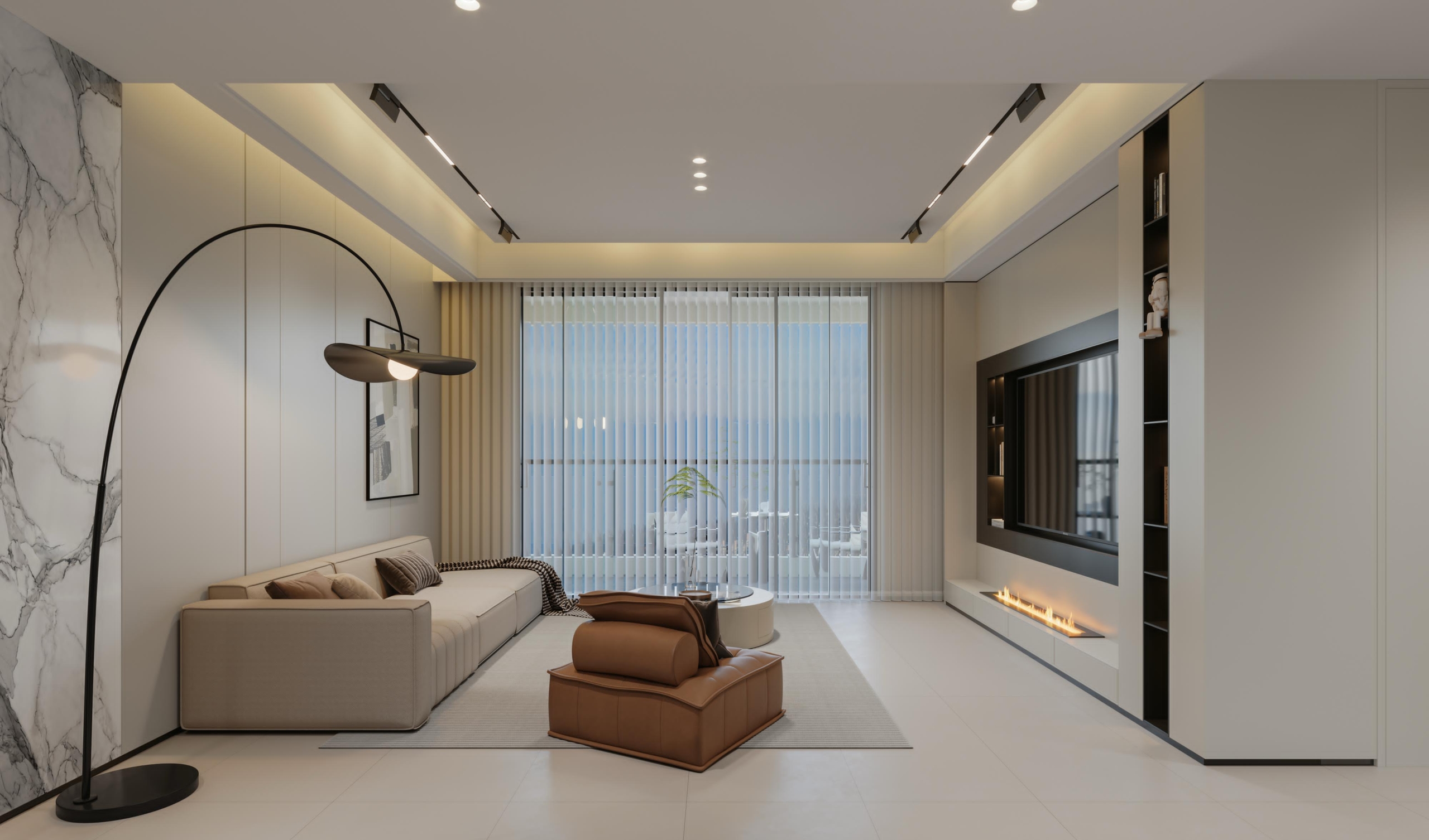 Brookside One Residency modern living room featuring elegant sofa, contemporary entertainment wall, floor-to-ceiling balcony windows and stylish finishes.