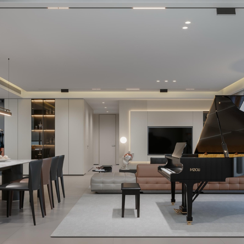 Brookside One Residency luxury open-plan living and dining area featuring modern furniture, spacious interiors, elegant lighting and panoramic windows.