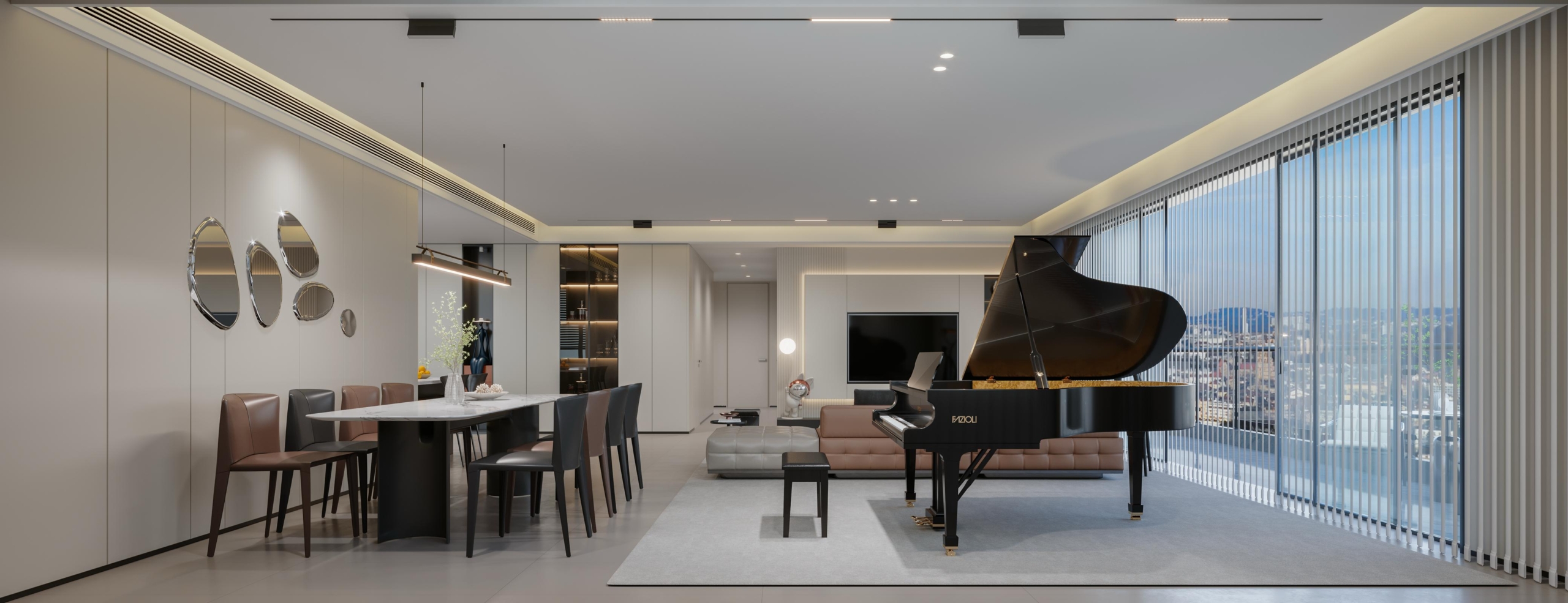Brookside One Residency luxury open-plan living and dining area featuring modern furniture, spacious interiors, elegant lighting and panoramic windows.