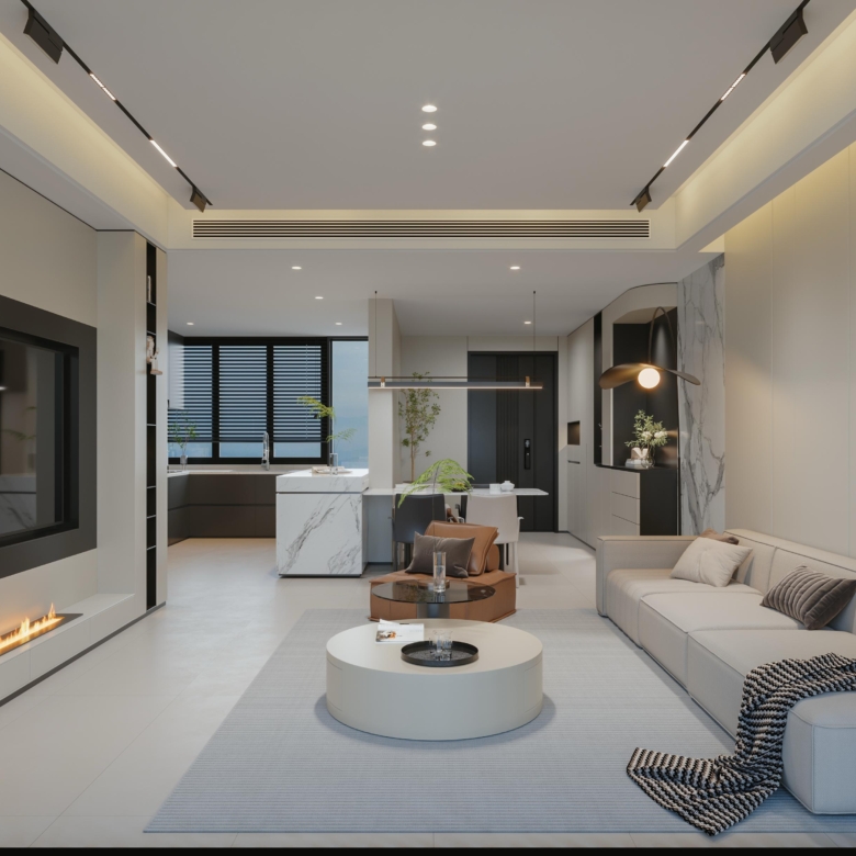 Brookside One Residency contemporary living room with modern sofa, decorative fireplace, stylish TV wall and open-plan kitchen.