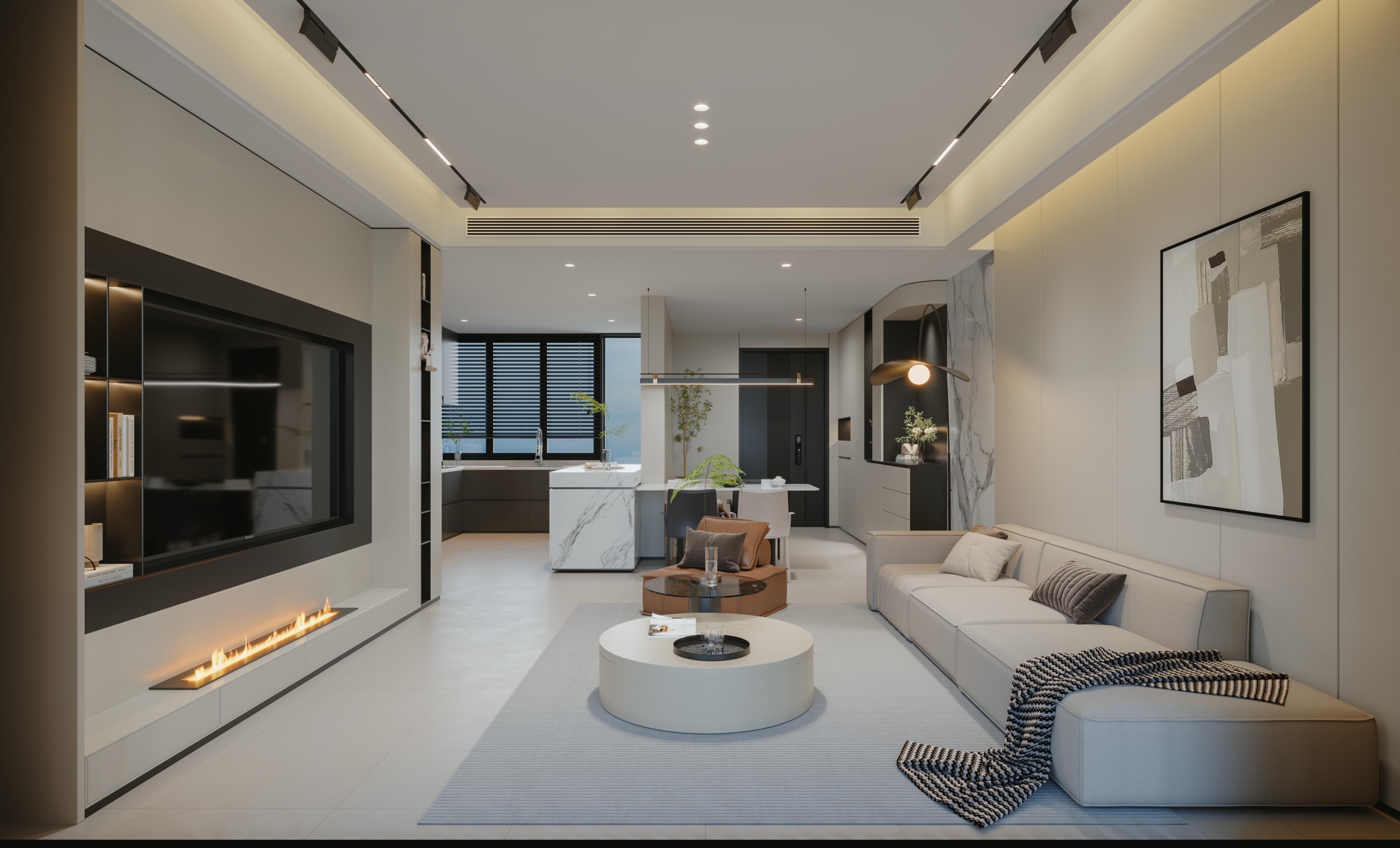 Brookside One Residency contemporary living room with modern sofa, decorative fireplace, stylish TV wall and open-plan kitchen.