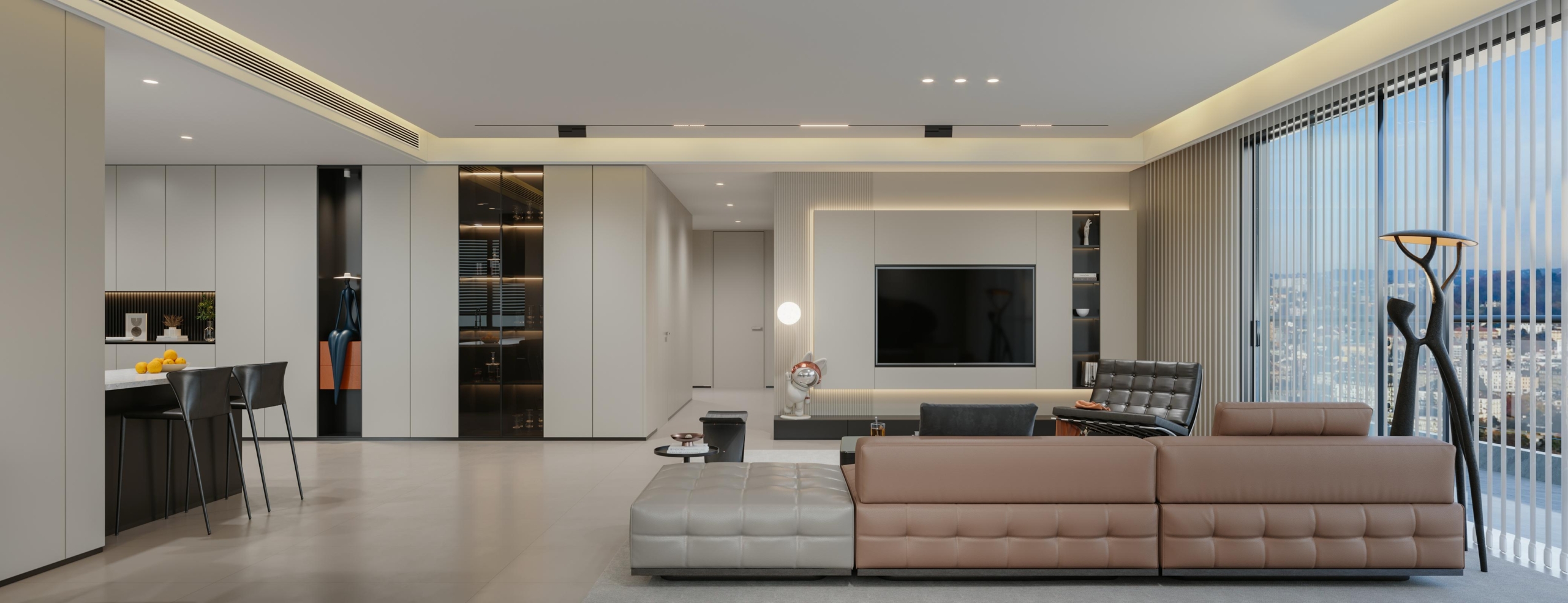 Brookside One Residency spacious living room featuring modern sectional sofa, stylish TV wall, contemporary furniture and large windows.