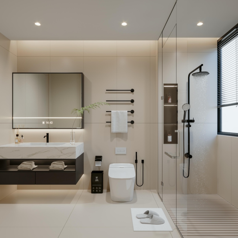 Brookside One Residency contemporary bathroom featuring rainfall shower, illuminated vanity mirror, modern toilet and elegant wall finishes.