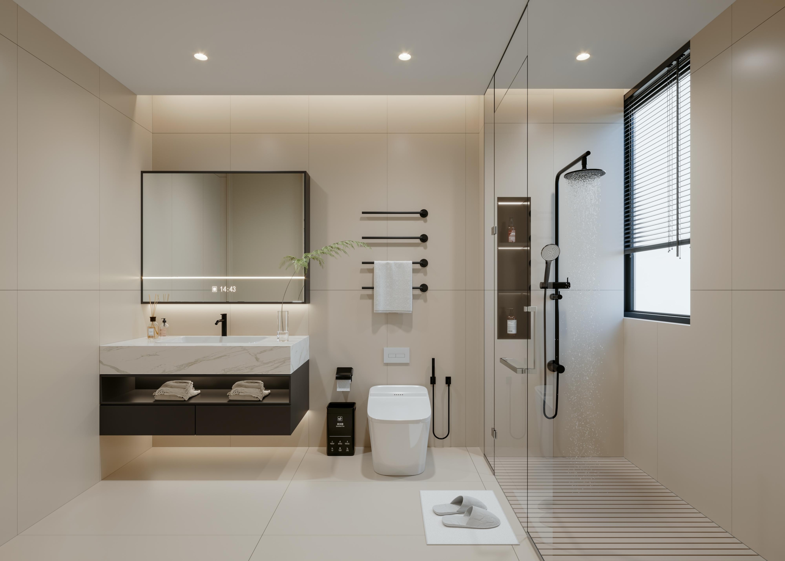 Brookside One Residency contemporary bathroom featuring rainfall shower, illuminated vanity mirror, modern toilet and elegant wall finishes.