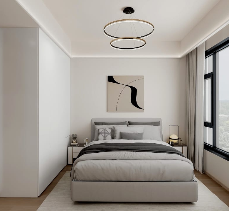 Metricon Oasis contemporary living room featuring cream sofa, modern dining area, crystal chandelier, grey tiled flooring and elegant interior finishes.