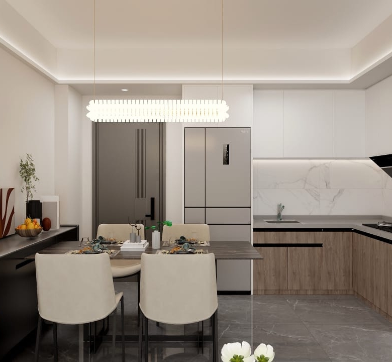 Metricon Oasis open-plan living and dining room with modern sofa, elegant chandelier, dining table, large windows and balcony access.