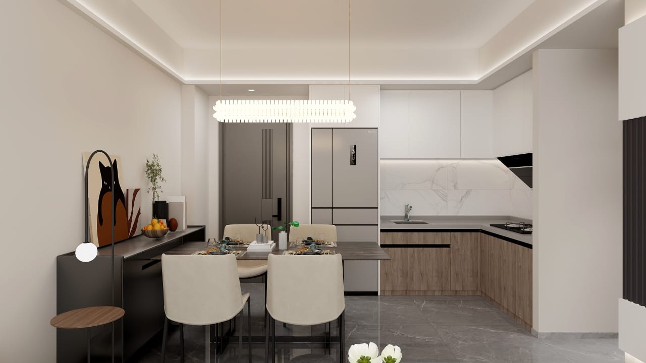 Metricon Oasis open-plan living and dining room with modern sofa, elegant chandelier, dining table, large windows and balcony access.