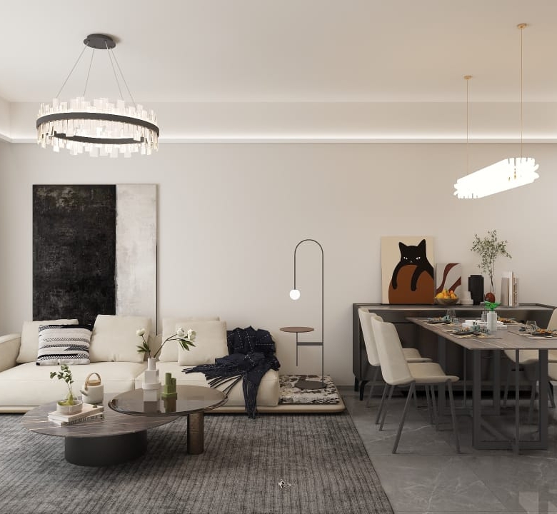 Metricon Oasis modern dining area featuring a four-seater dining table, contemporary pendant lighting and an open-plan kitchen.