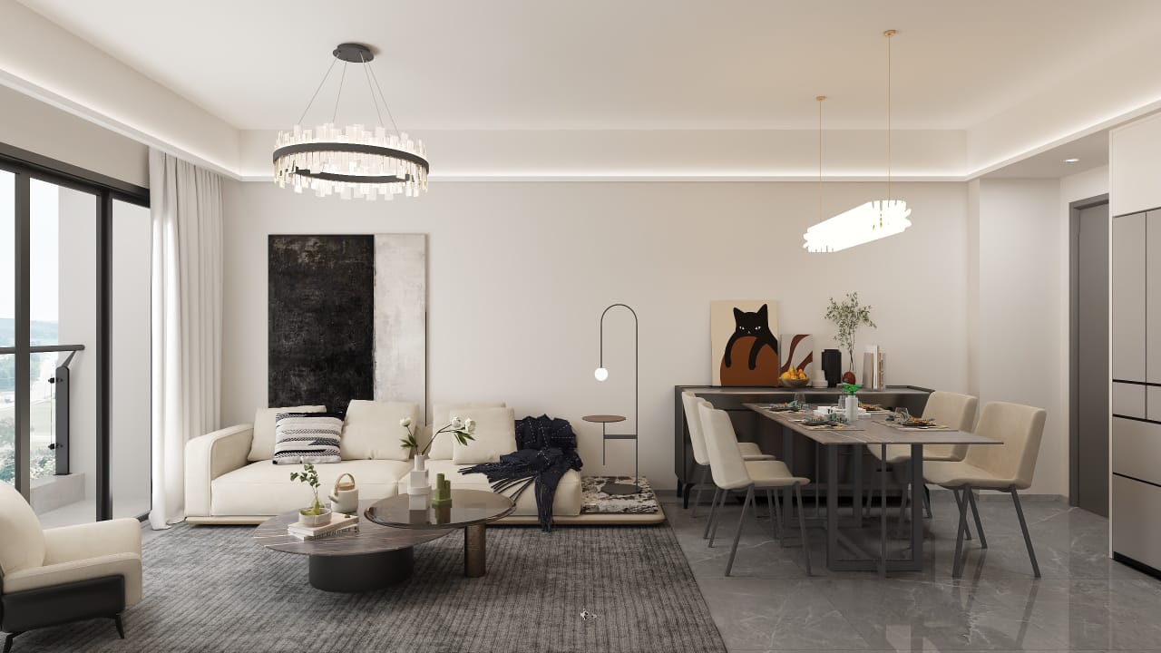Metricon Oasis modern dining area featuring a four-seater dining table, contemporary pendant lighting and an open-plan kitchen.