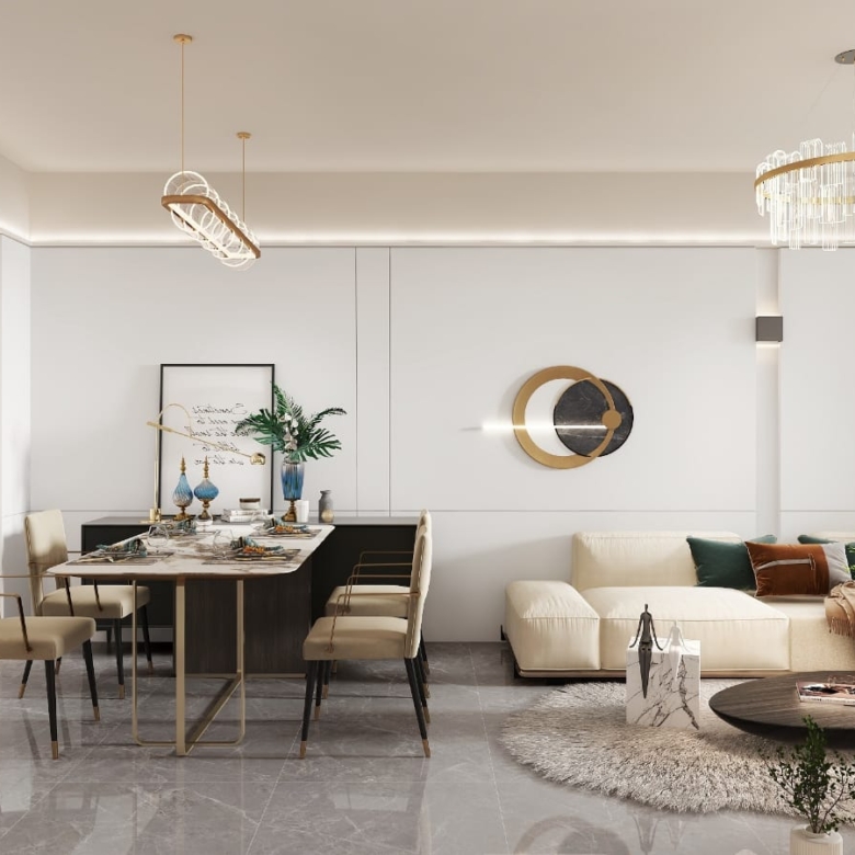 Metricon Oasis modern bedroom with double bed, built-in wardrobe, wooden door, decorative ceiling light and large windows.