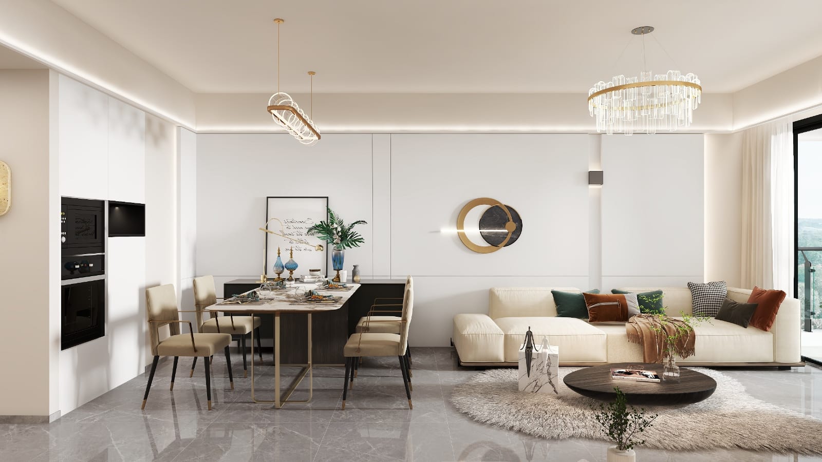 Metricon Oasis modern bedroom with double bed, built-in wardrobe, wooden door, decorative ceiling light and large windows.