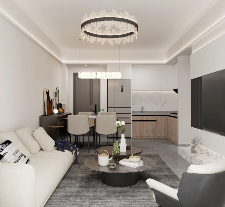 Metricon Oasis spacious bedroom featuring a double bed, fitted wardrobes, modern pendant lighting, large window and scenic outdoor views.