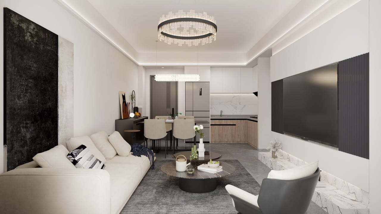 Metricon Oasis spacious bedroom featuring a double bed, fitted wardrobes, modern pendant lighting, large window and scenic outdoor views.