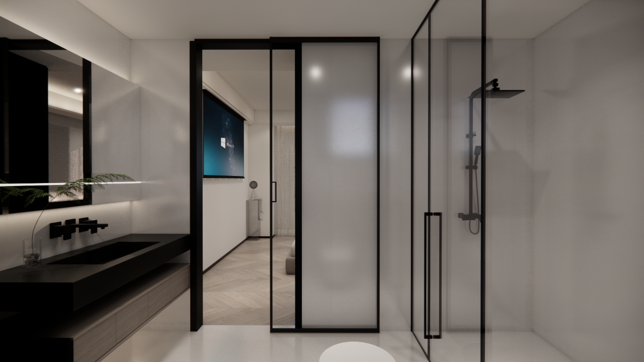 Skyline Apartments luxury ensuite bathroom with glass shower enclosure, floating vanity, illuminated mirror, and modern black fixtures.